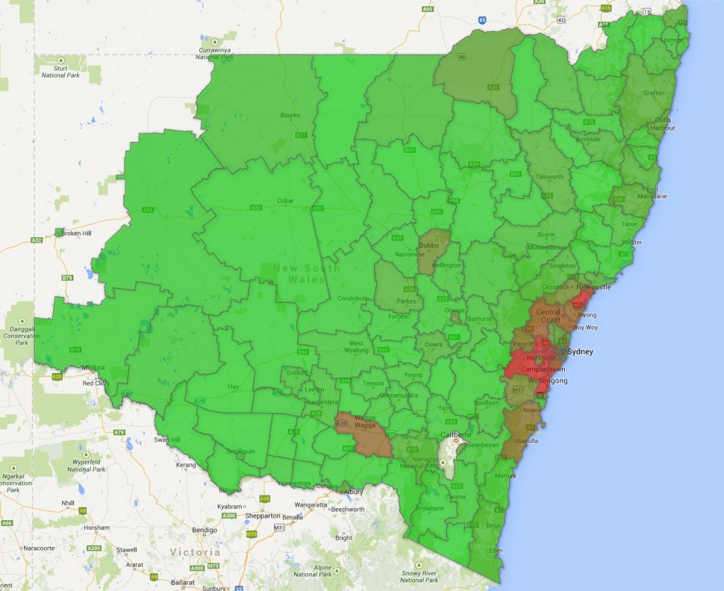 Colour coded map of arson crime by electorate in NSW.